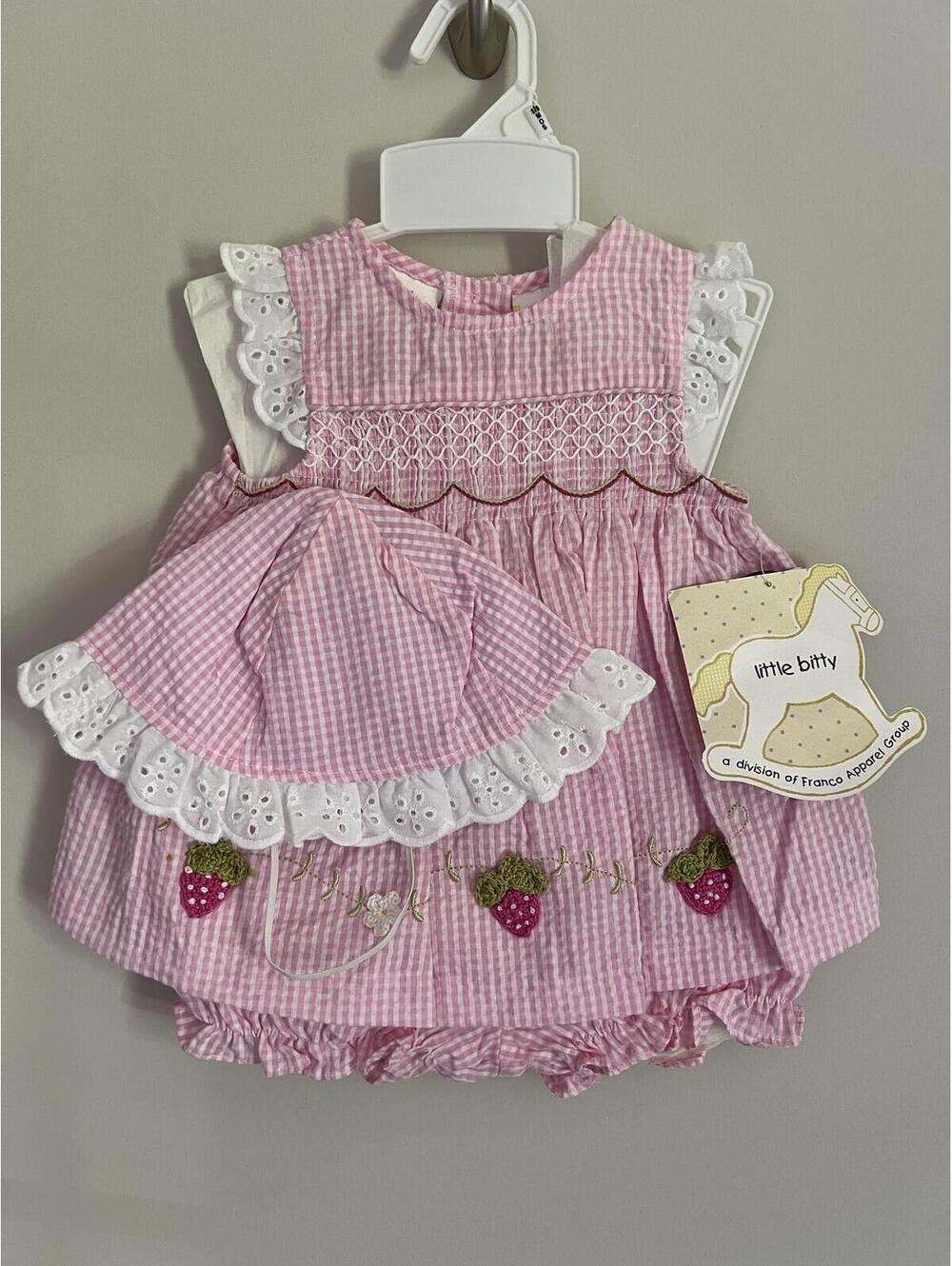Vintage Little Bitty Strawberry Smocked 3-Piece Dress Set, Hat/Bloomers/Dress